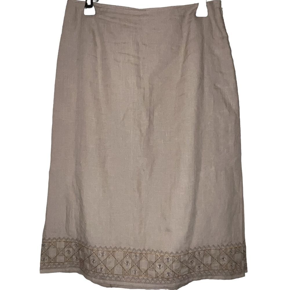 Ann Taylor Linen Skirt Sz 8 Tan Embroidered A Line Side Slits Lined Minimalist